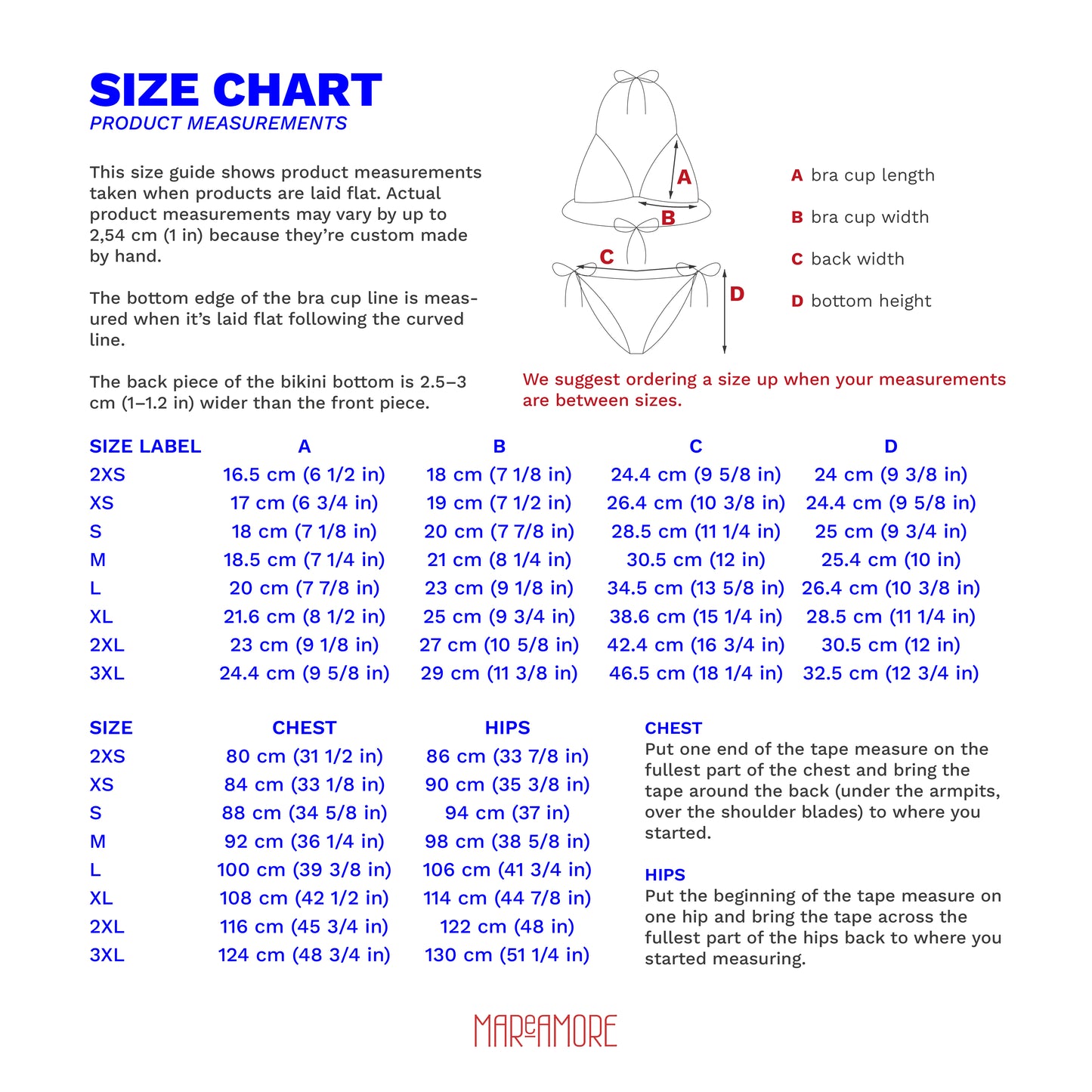 Size chart for bikini measurements with product measurements and ordering suggestions.