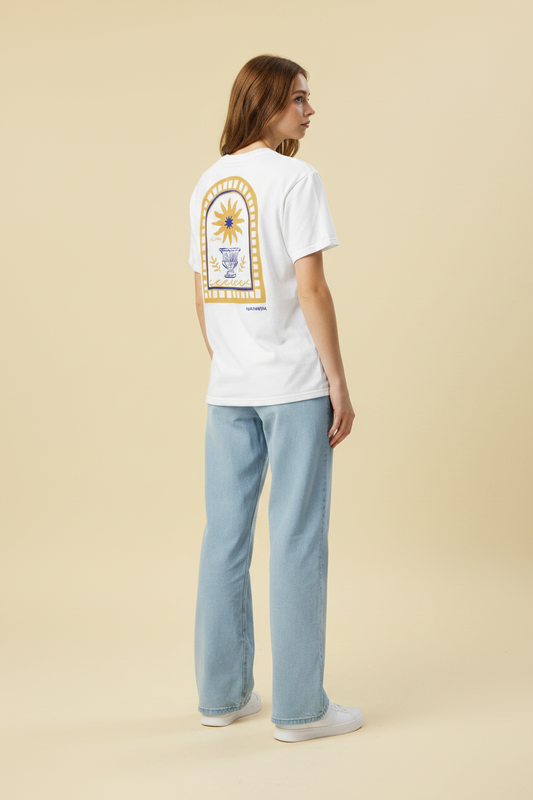 Mediterranean Art T-Shirt | Sun Embroidery | White
