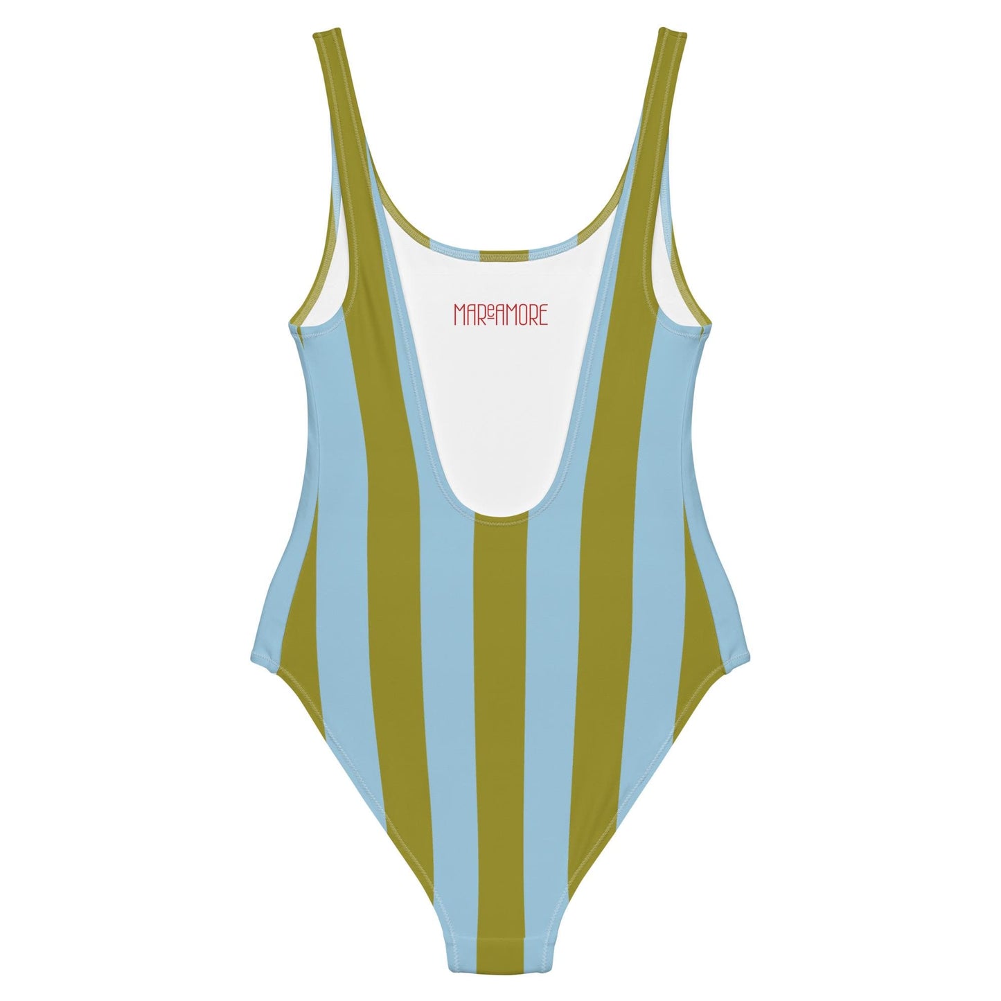 Olive Green & Sky Blue Striped One-Piece Swimsuit