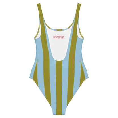Olive Green & Sky Blue Striped One-Piece Swimsuit