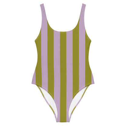 Olive Green & Violet Striped One-Piece Swimsuit