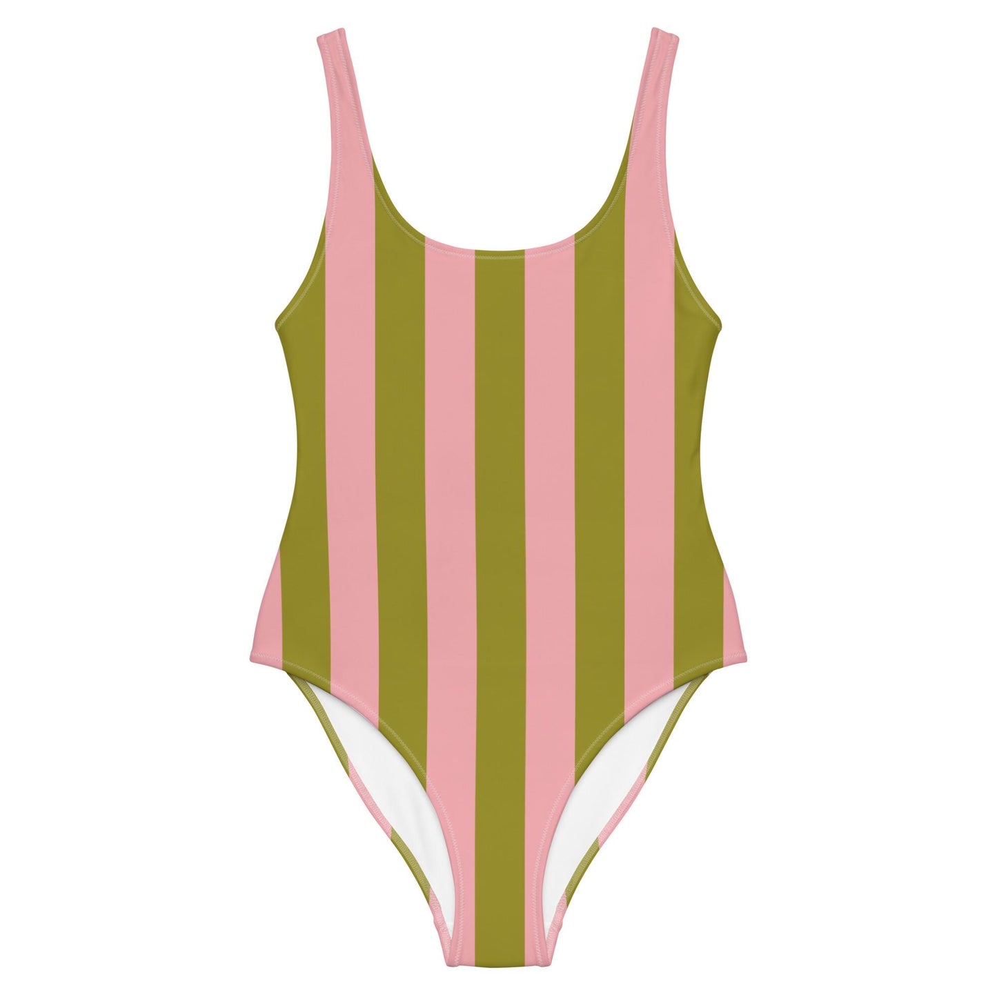 Olive Green & Pink Striped One-Piece Swimsuit