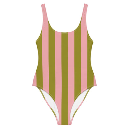 Olive Green & Pink Striped One-Piece Swimsuit