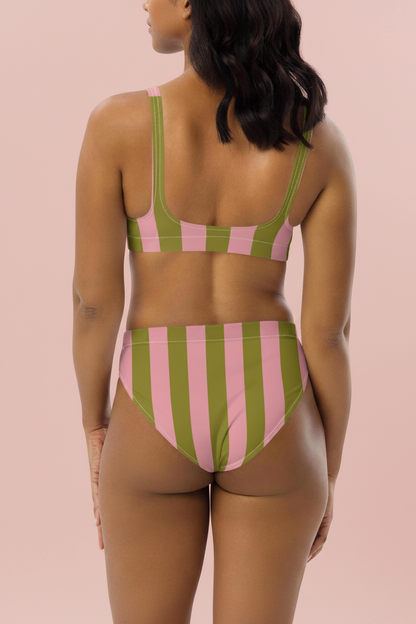 Olive Green & Pink Striped High-Waisted Bikini Set