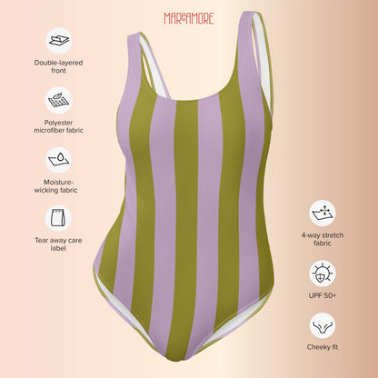 Olive Green & Violet Striped One-Piece Swimsuit