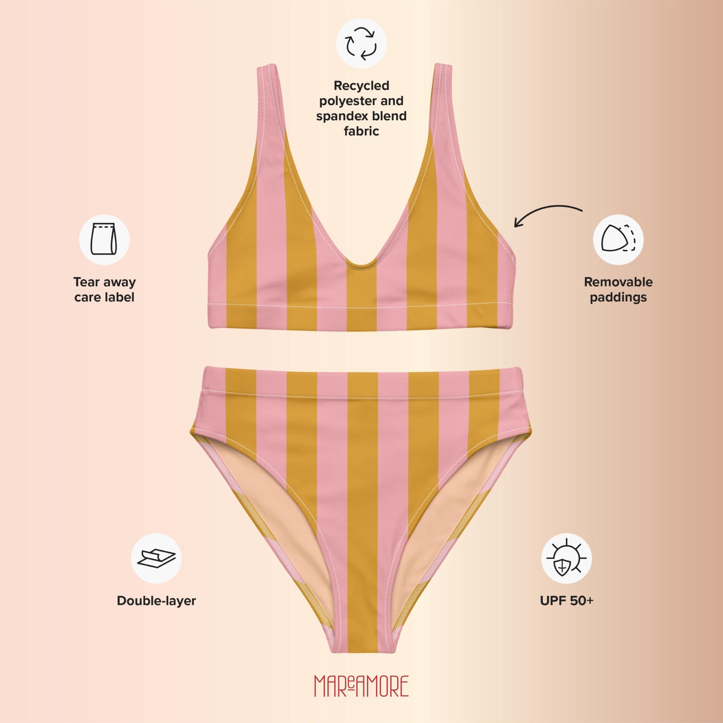 Yellow & Pink Striped High-Waisted Bikini Set