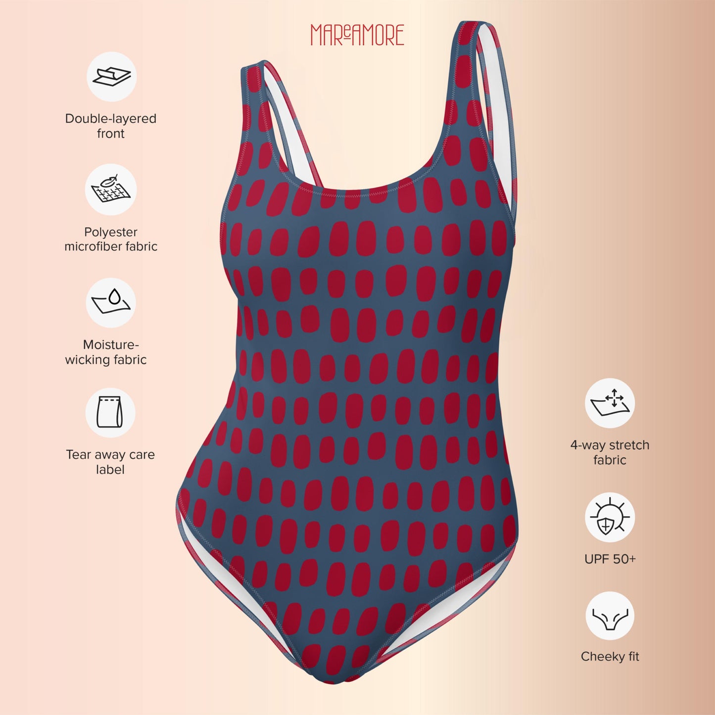 Navy Blue One-Piece Swimsuit with Red Dots