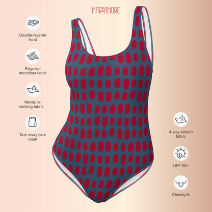 Navy Blue One-Piece Swimsuit with Red Dots