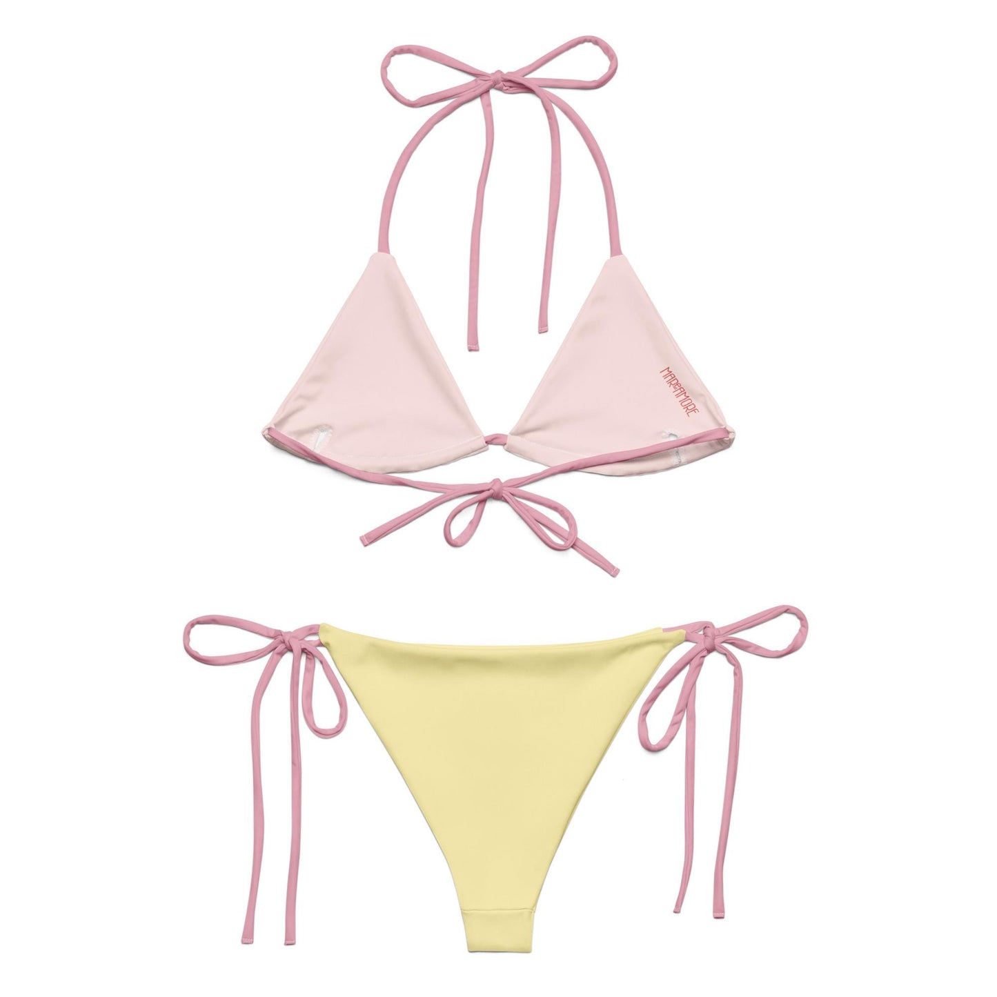 Yellow String Bikini Set with Pink Spaghetti Straps