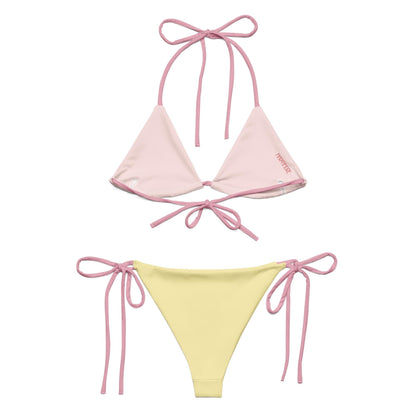 Yellow String Bikini Set with Pink Spaghetti Straps