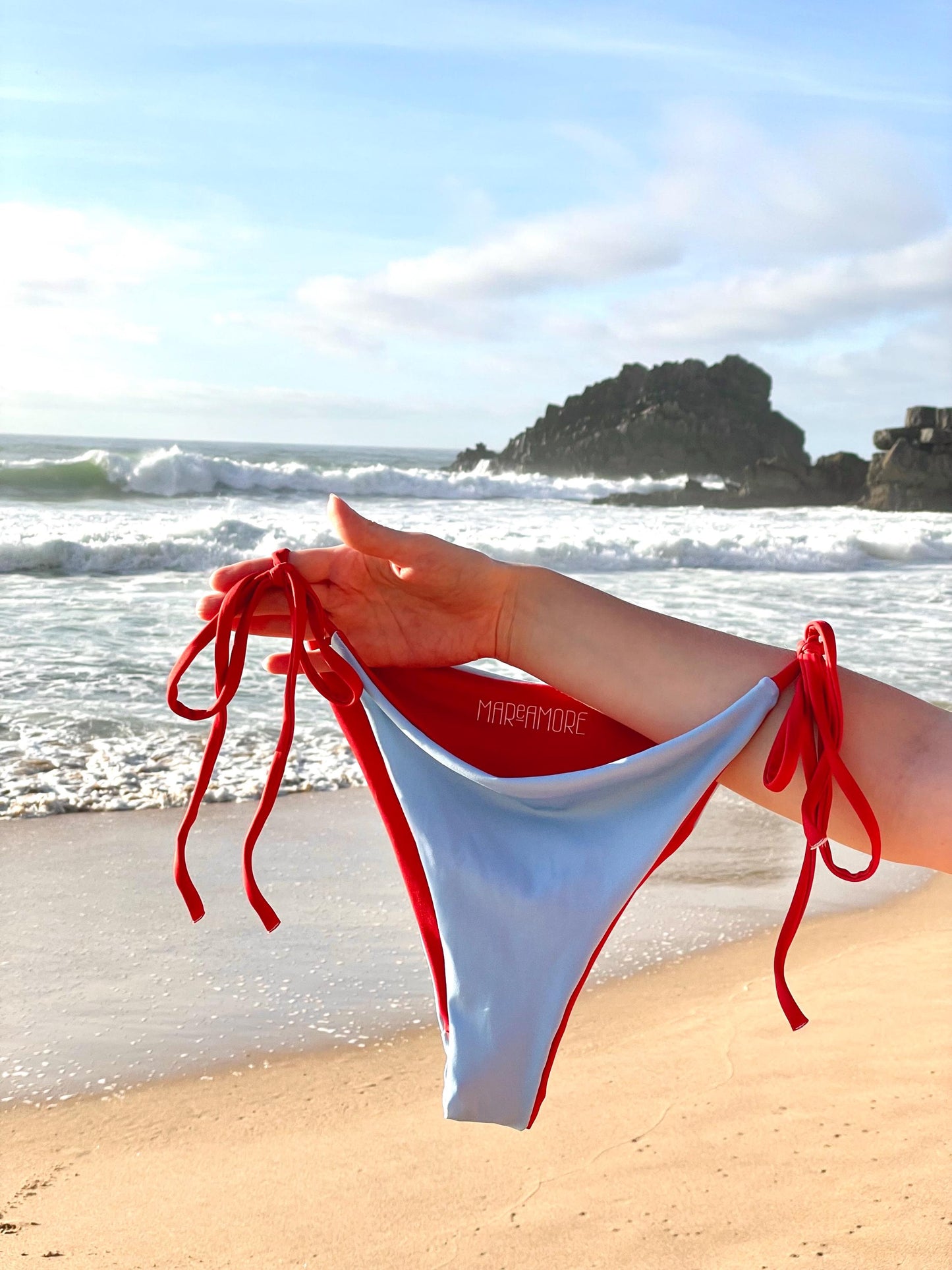 Sky Blue String Bikini Set with Red Spaghetti Straps