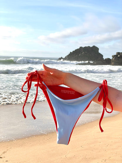 Sky Blue String Bikini Set with Red Spaghetti Straps