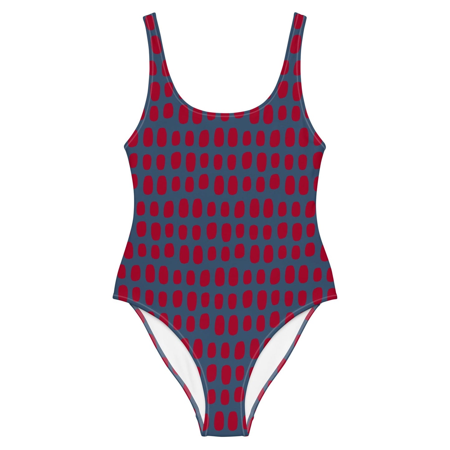 Navy Blue One-Piece Swimsuit with Red Dots