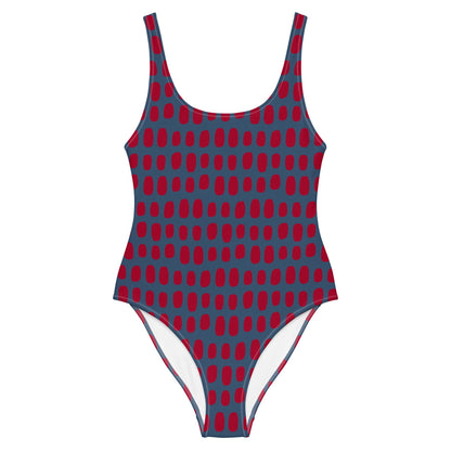 Navy Blue One-Piece Swimsuit with Red Dots