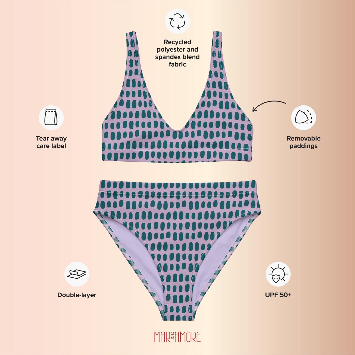 Violet High-Waisted Bikini with Teal Dots