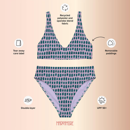 Violet High-Waisted Bikini with Teal Dots