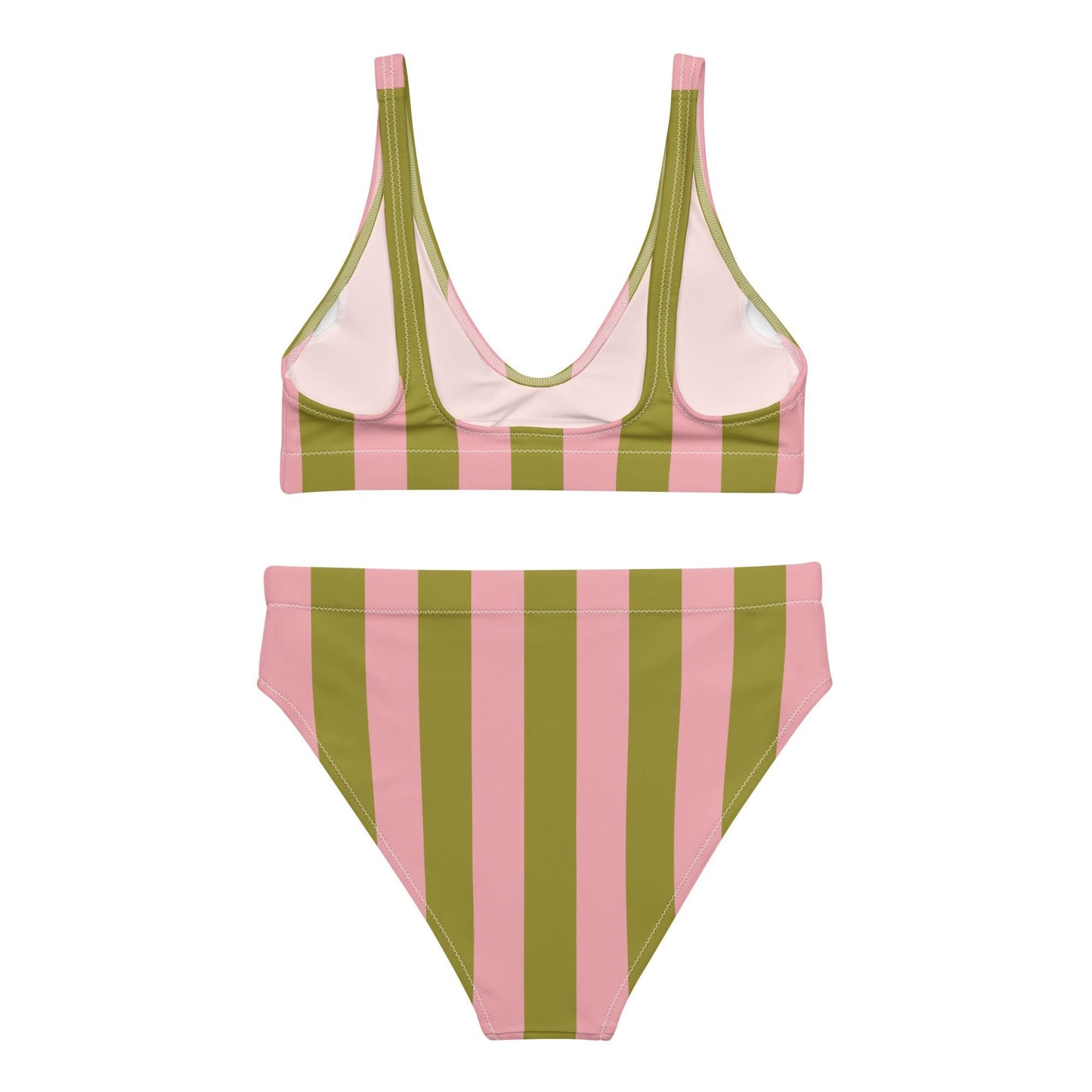 Olive Green & Pink Striped High-Waisted Bikini Set