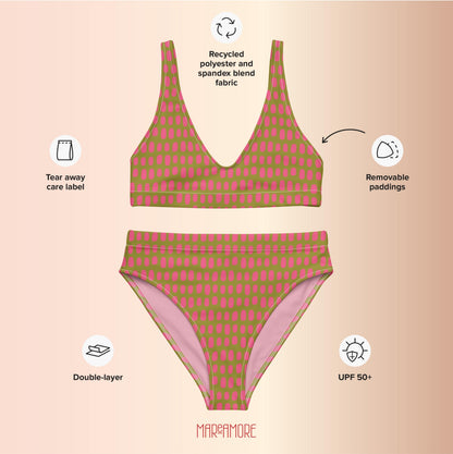 Olive Green High-Waisted Bikini Set with Pink Dots