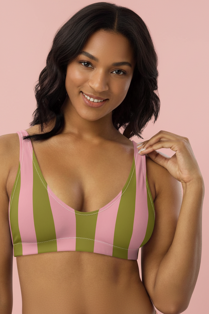 Olive Green & Pink Striped High-Waisted Bikini Set