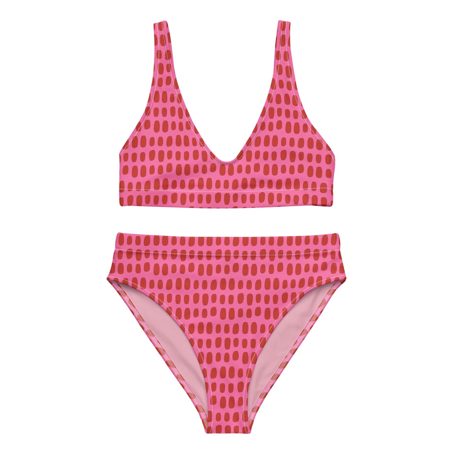 Fuchsia Pink High-Waisted Bikini with Red Dots