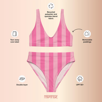 Fuchsia & Pink Striped High-Waisted Bikini Set