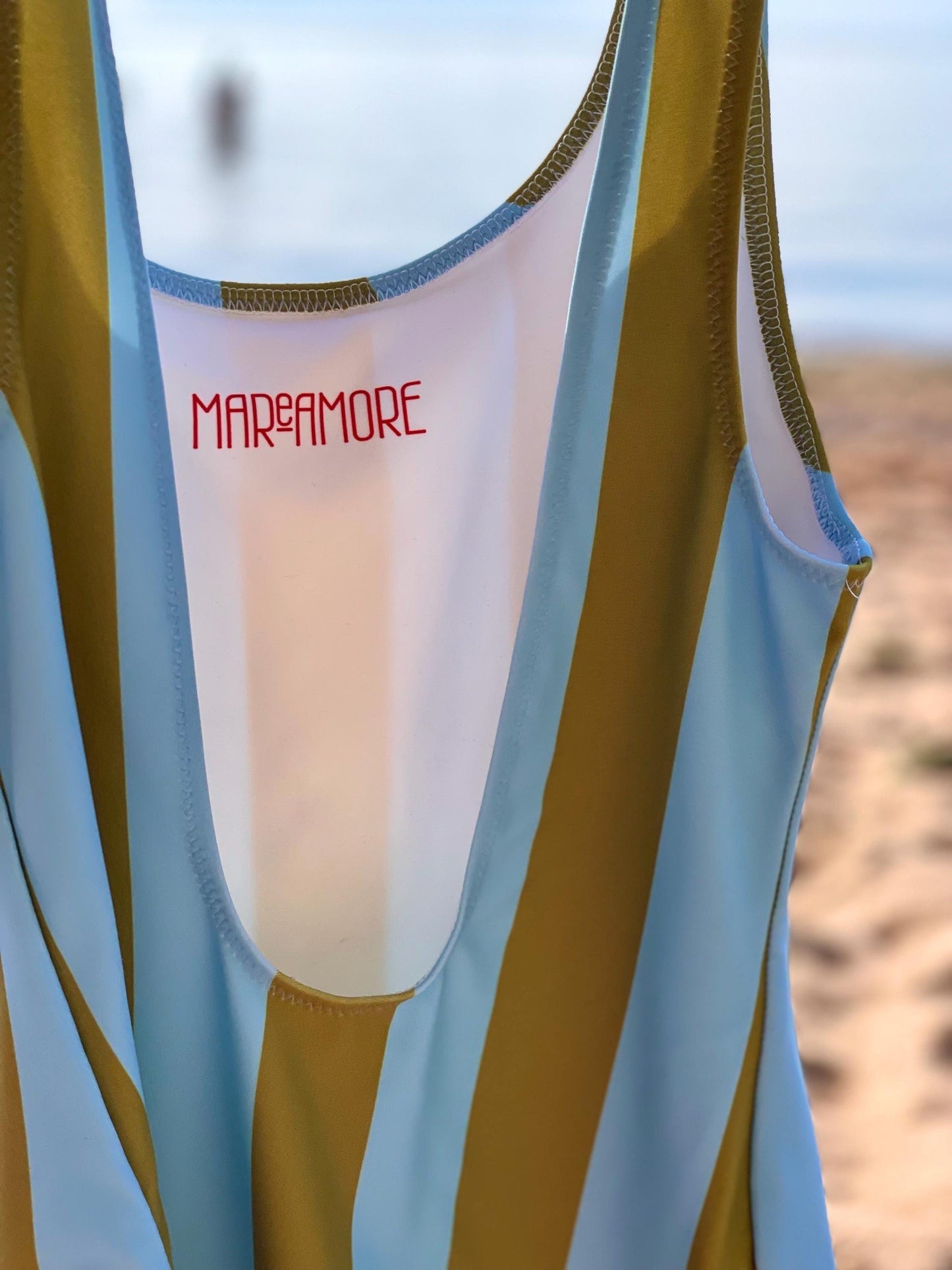 Olive Green & Sky Blue Striped One-Piece Swimsuit