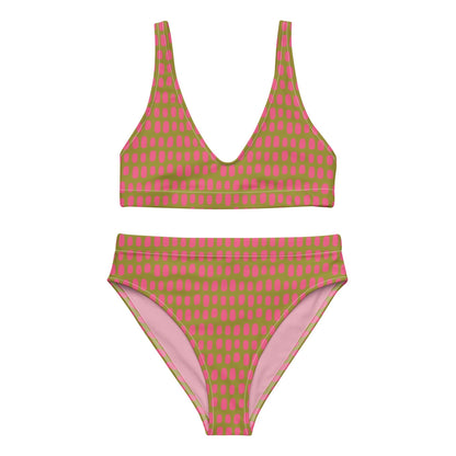 Olive Green High-Waisted Bikini Set with Pink Dots