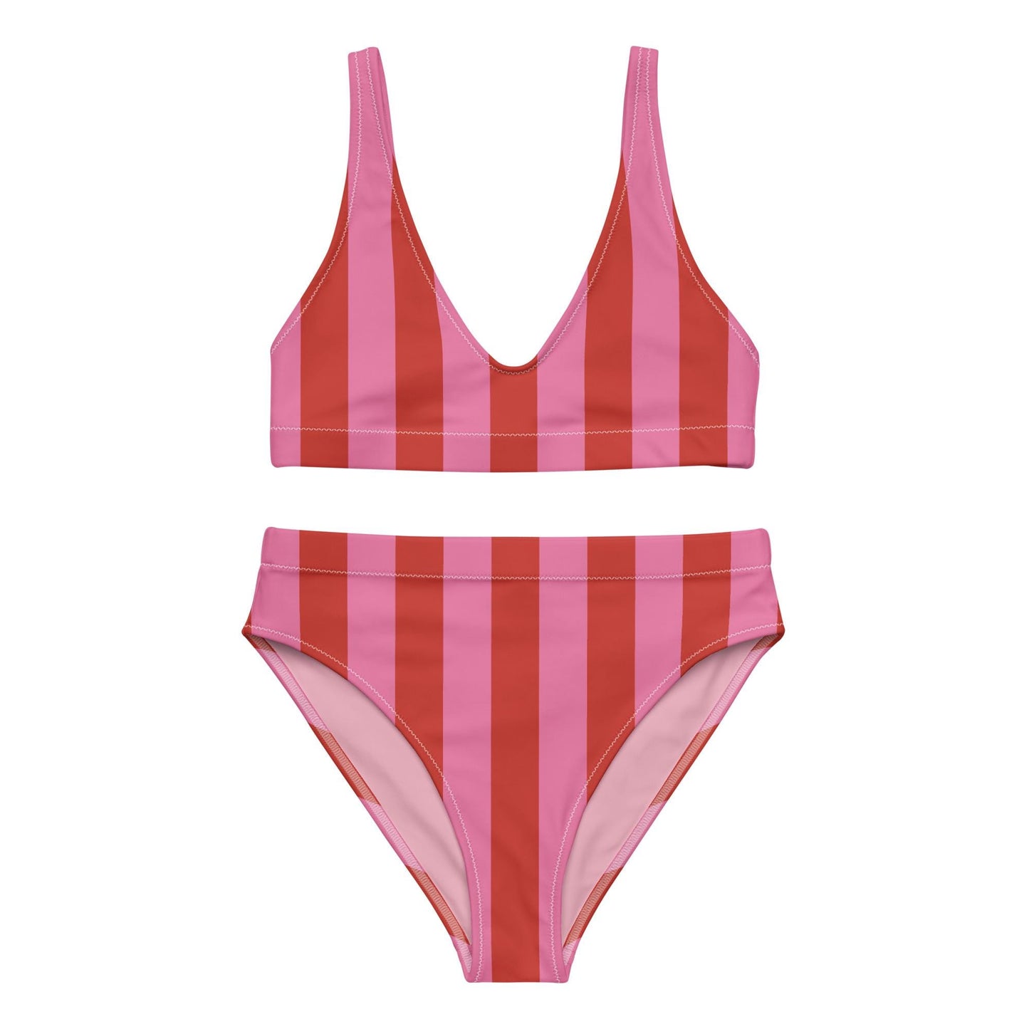 Red & Pink Striped High-Waisted Bikini Set