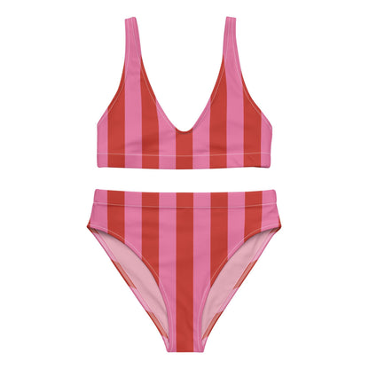 Red & Pink Striped High-Waisted Bikini Set