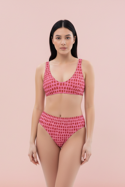 Fuchsia Pink High-Waisted Bikini with Red Dots