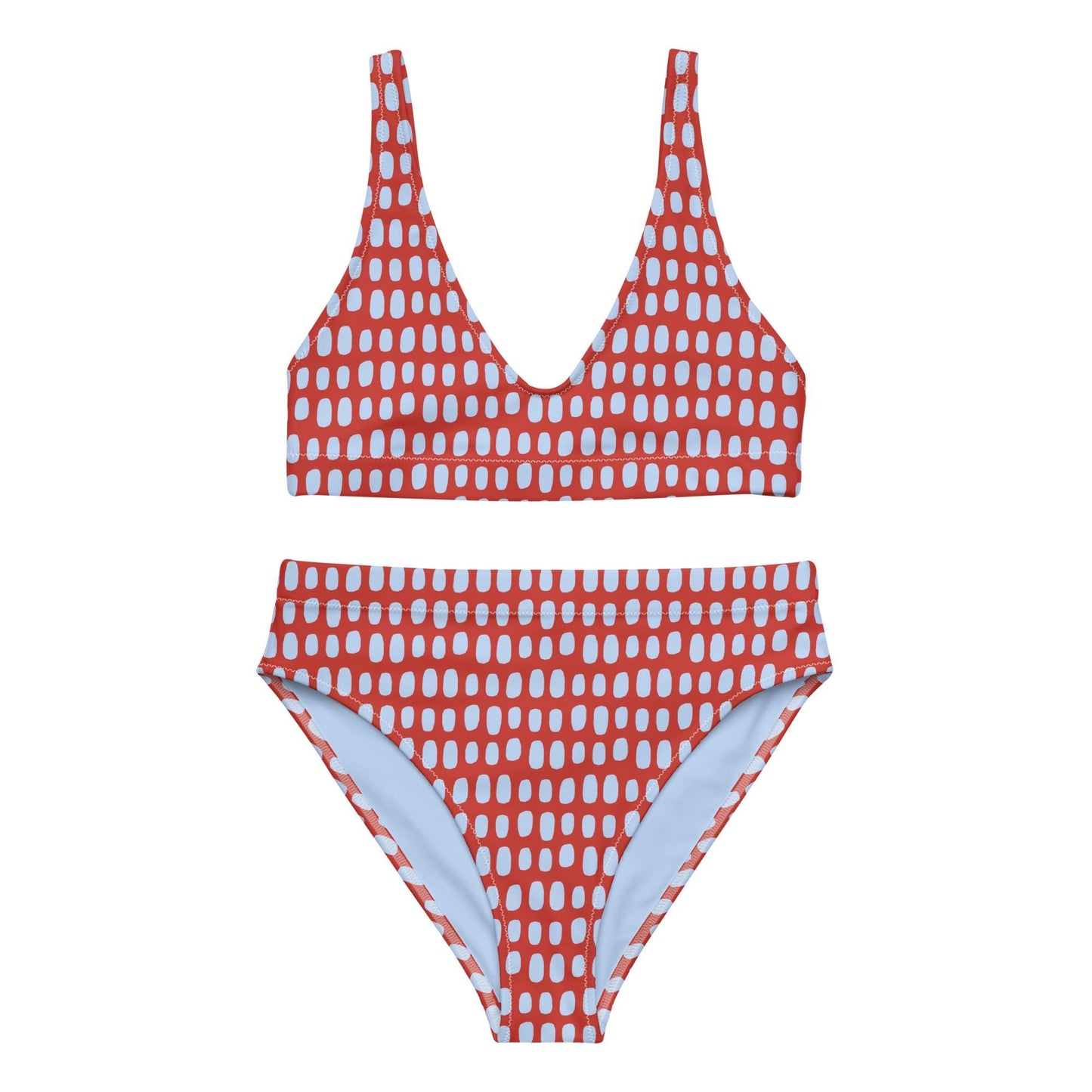 Red High-Waisted Bikini Set with Light Blue Dots