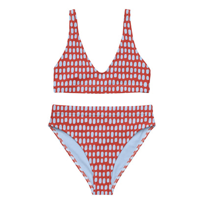 Red High-Waisted Bikini Set with Light Blue Dots