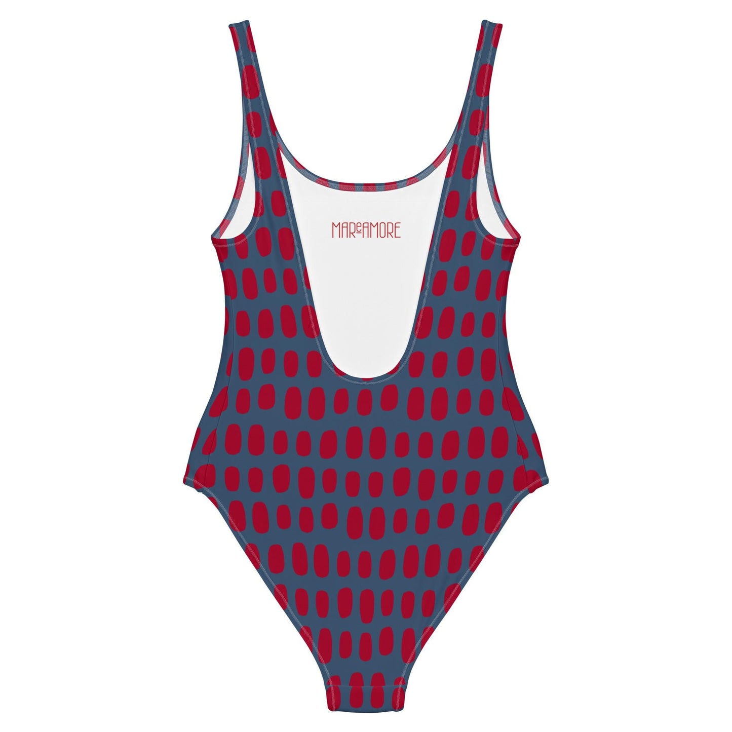 Navy Blue One-Piece Swimsuit with Red Dots