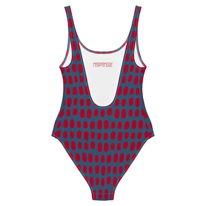 Navy Blue One-Piece Swimsuit with Red Dots