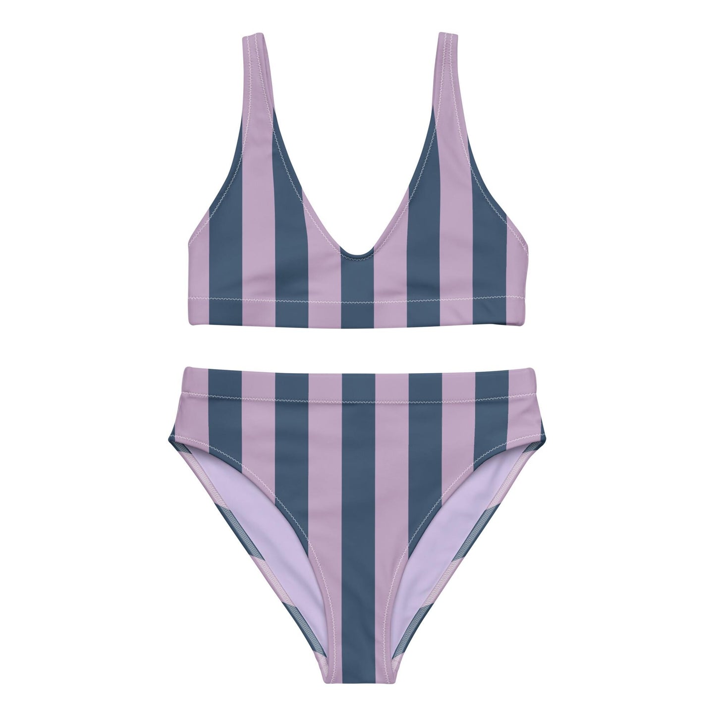 Navy Blue & Violet Striped High-Waisted Bikini Set