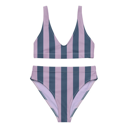 Navy Blue & Violet Striped High-Waisted Bikini Set