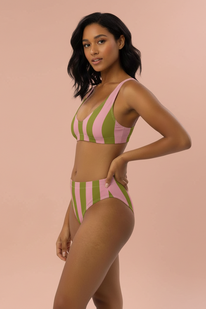 Olive Green & Pink Striped High-Waisted Bikini Set