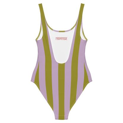Olive Green & Violet Striped One-Piece Swimsuit
