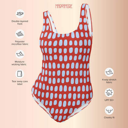 Red One-Piece Swimsuit with Light Blue Dots