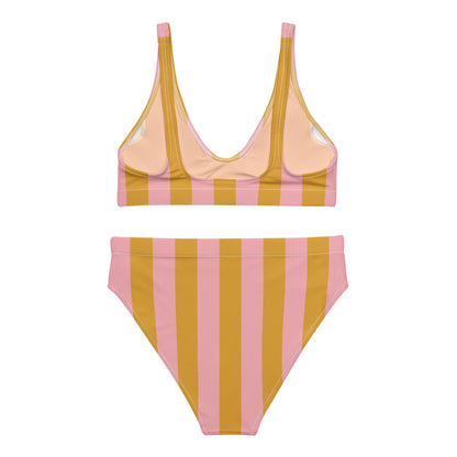 Yellow & Pink Striped High-Waisted Bikini Set