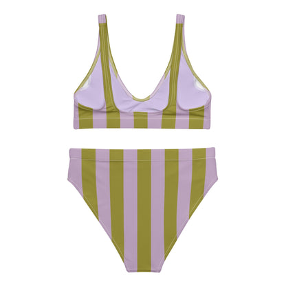 Green & Violet Striped High-Waisted Bikini Set