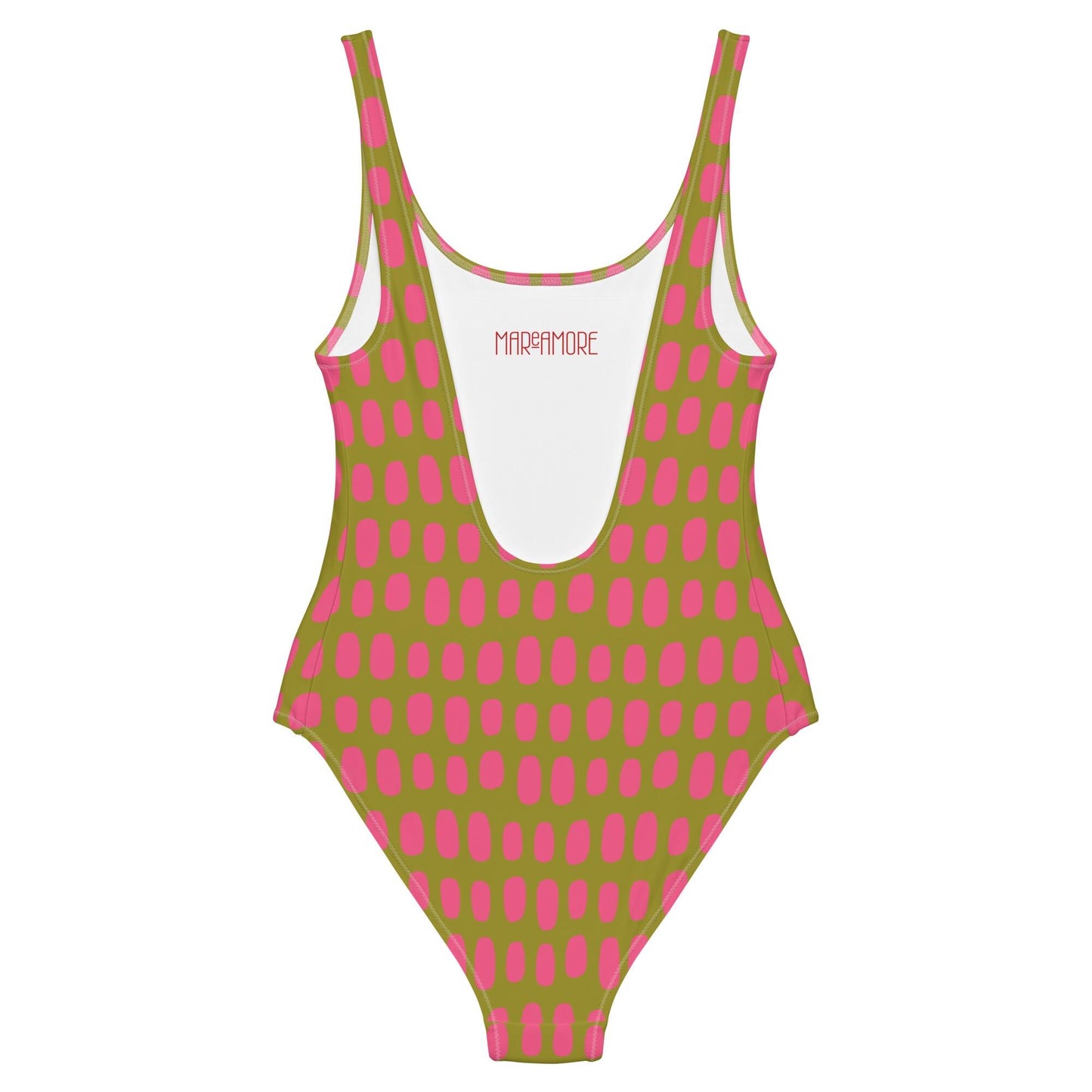 Olive Green One-Piece Swimsuit with Fuchsia Dots