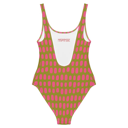 Olive Green One-Piece Swimsuit with Fuchsia Dots