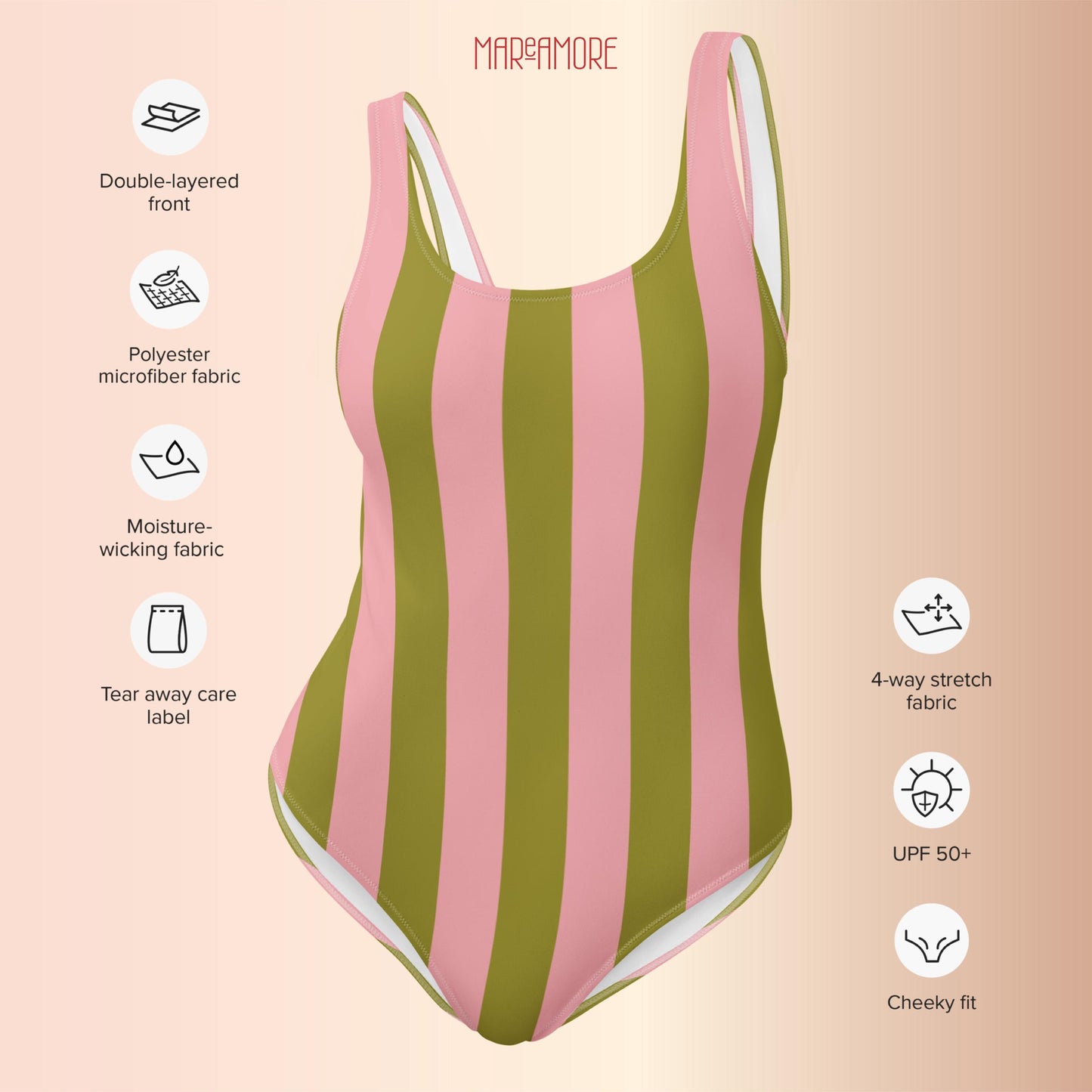 Olive Green & Pink Striped One-Piece Swimsuit