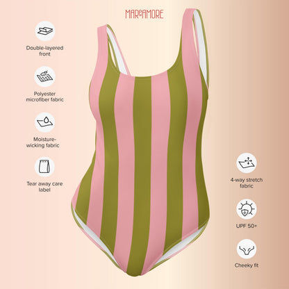 Olive Green & Pink Striped One-Piece Swimsuit