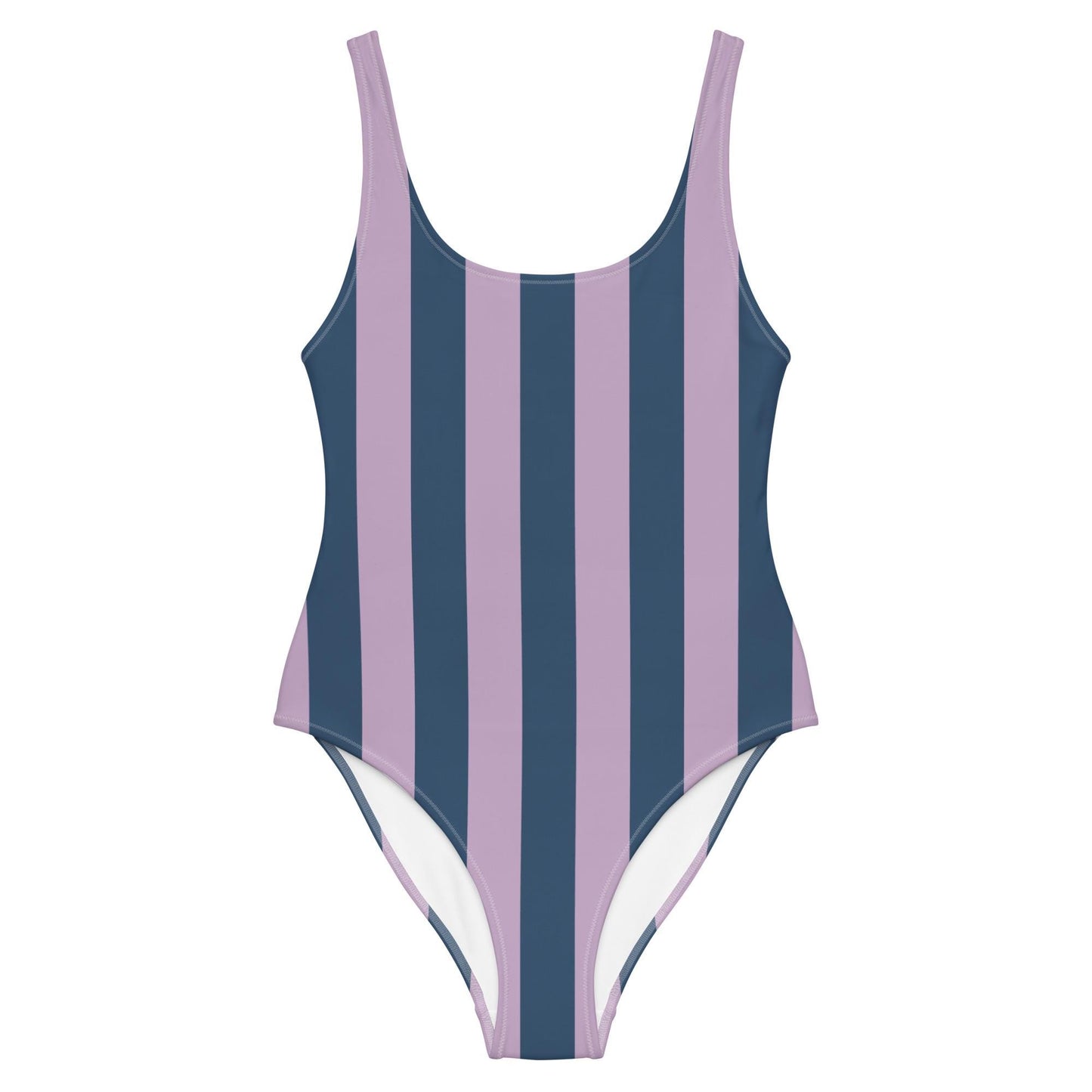 Navy Blue & Violet Striped One-Piece Swimsuit