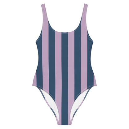 Navy Blue & Violet Striped One-Piece Swimsuit