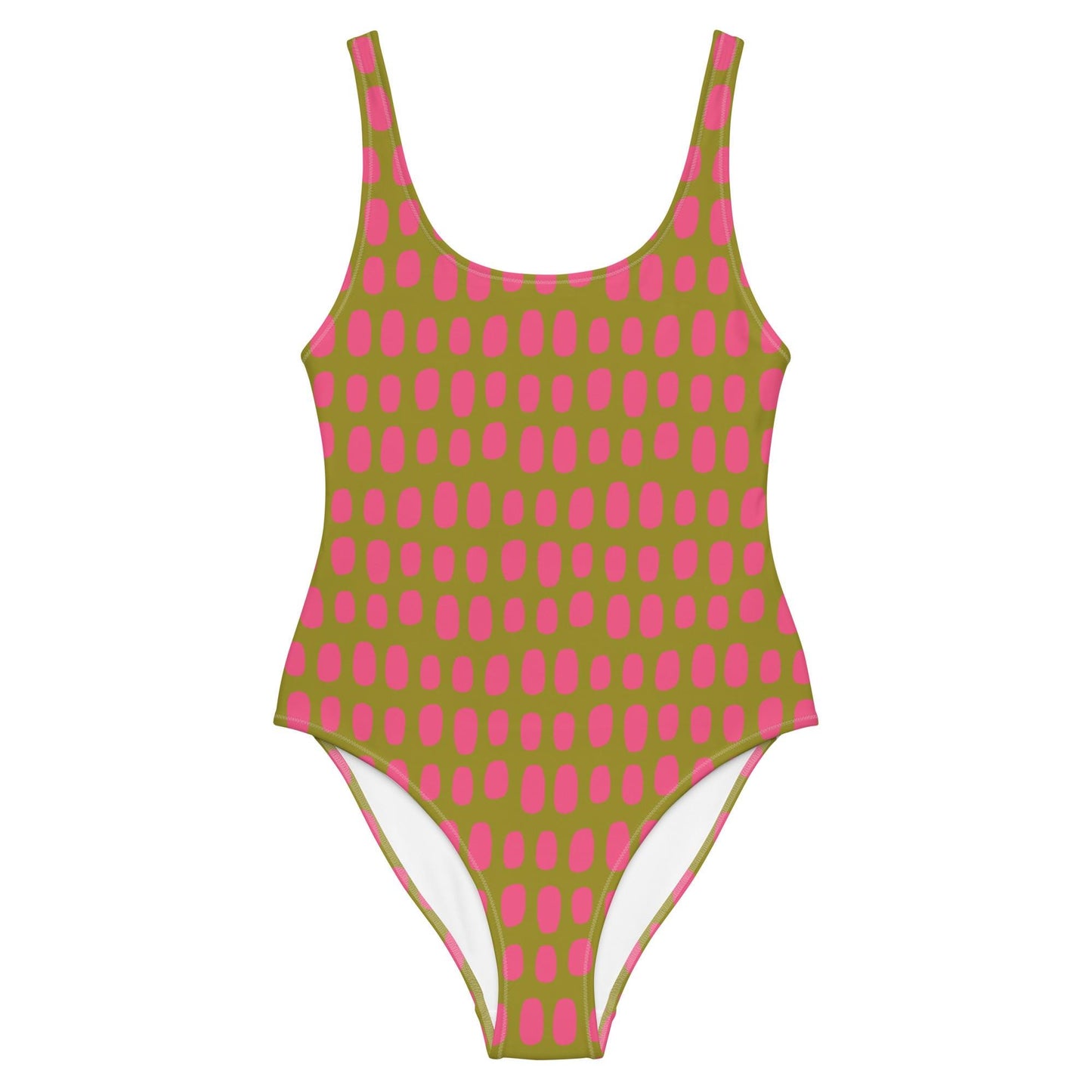 Olive Green One-Piece Swimsuit with Fuchsia Dots