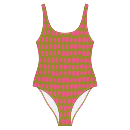 Olive Green One-Piece Swimsuit with Fuchsia Dots