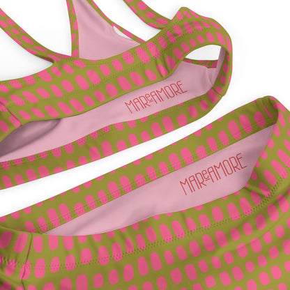 Olive Green High-Waisted Bikini Set with Pink Dots